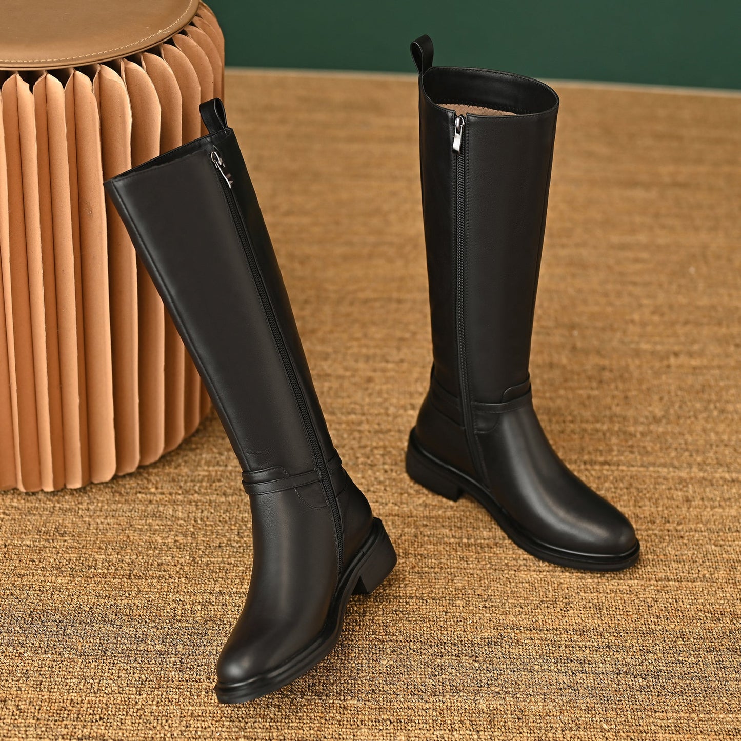 Women's Genuine Leather Round Toe Handmade Side Zipper Low Chunky Heels Trendy Knee High Boots