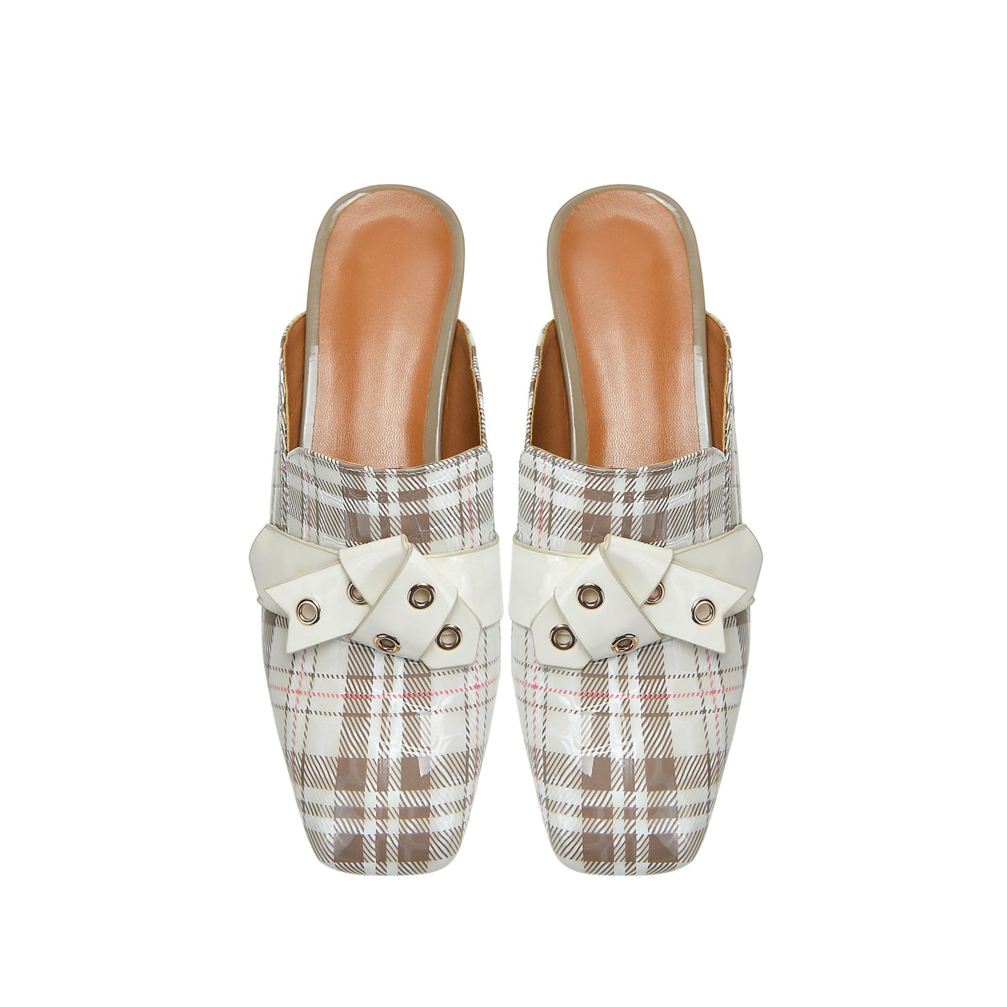 Women's Square Toe Plaid Genuine Leather Handmade Buckle Decor Stylish Low Heel Sandal Slippers