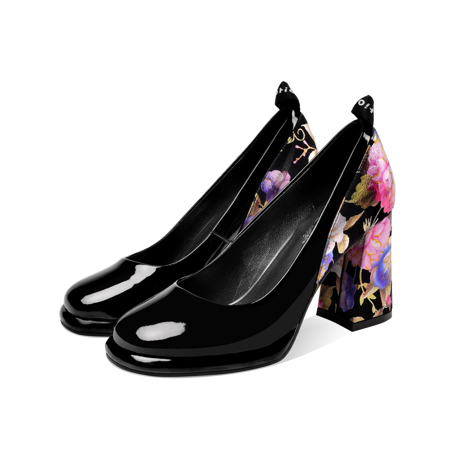 Women's Round Toe Floral Patent Leather Handmade Platform High Chunky Heel Unique Pump Shoes