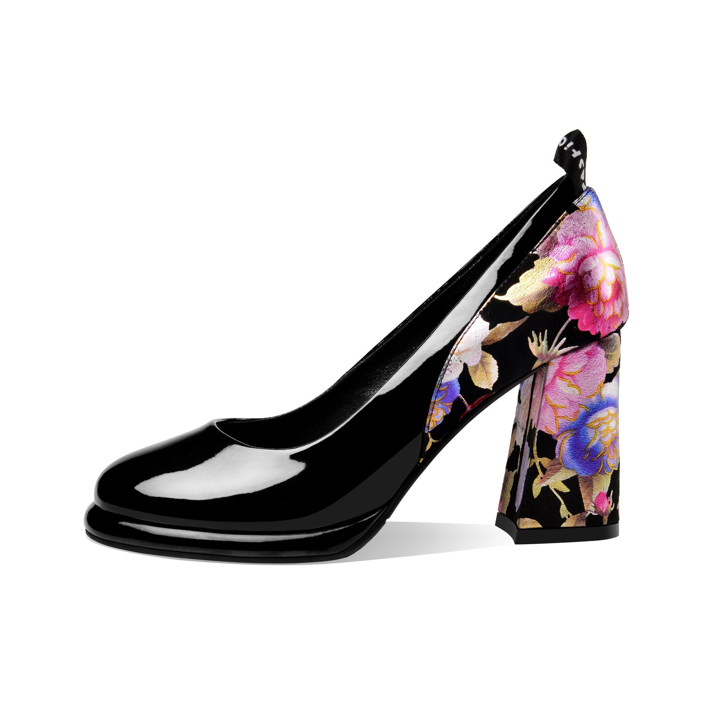 Women's Round Toe Floral Patent Leather Handmade Platform High Chunky Heel Unique Pump Shoes