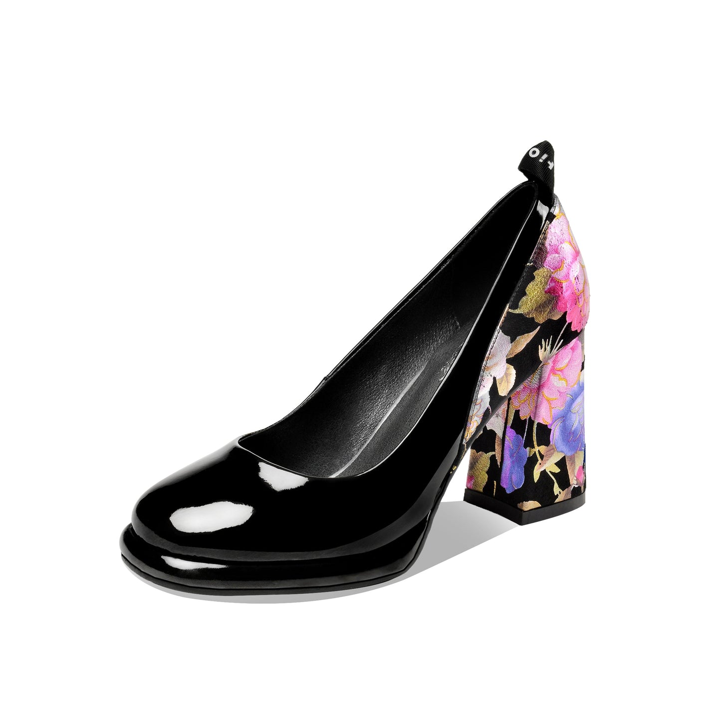 Women's Round Toe Floral Patent Leather Handmade Platform High Chunky Heel Unique Pump Shoes