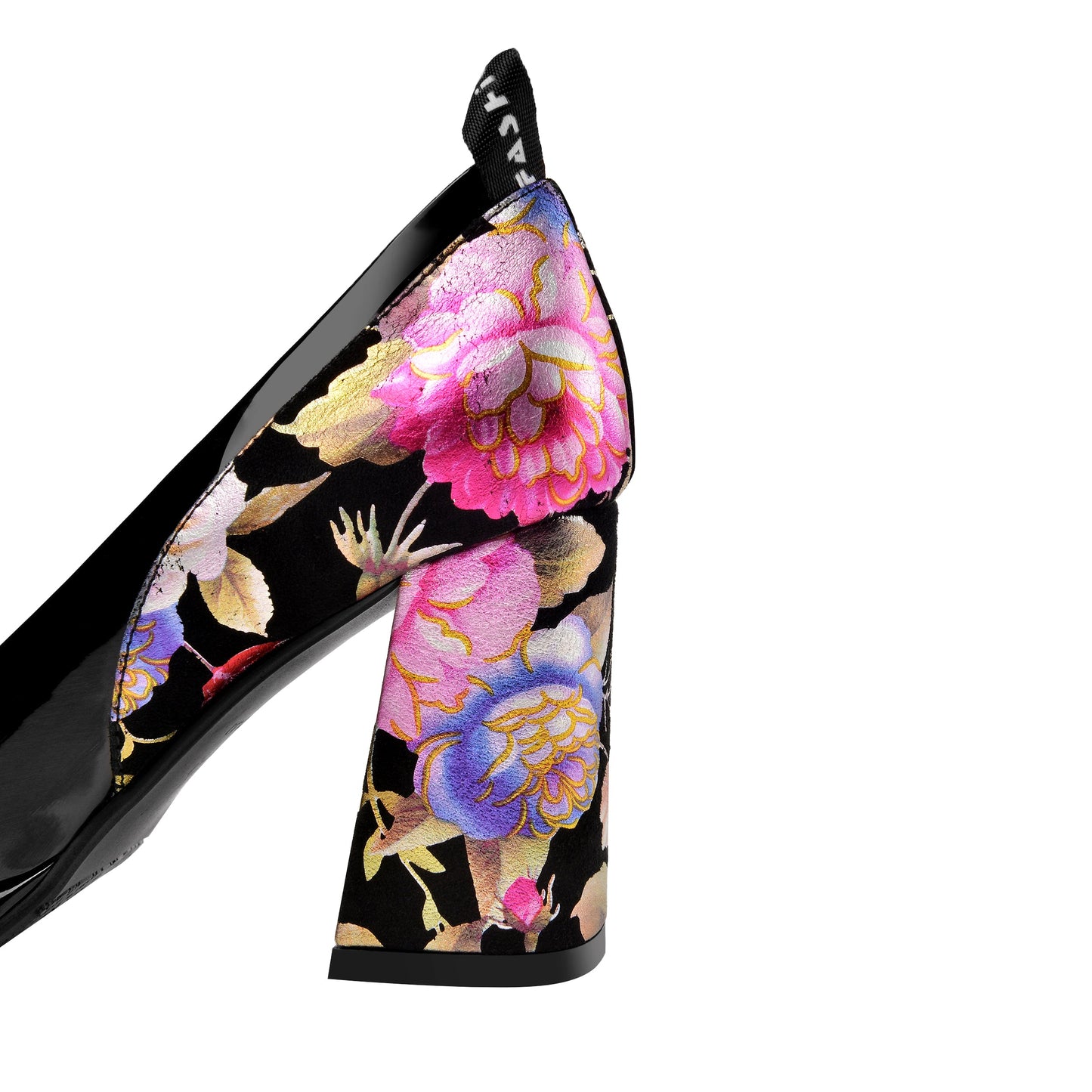 Women's Round Toe Floral Patent Leather Handmade Platform High Chunky Heel Unique Pump Shoes