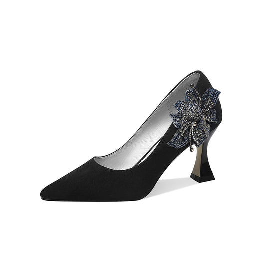 Women's Suede Leather Handmade Clear Pointed Toe Glitter Blue Flower Decor Slip On High Spool Heel Pump Shoes