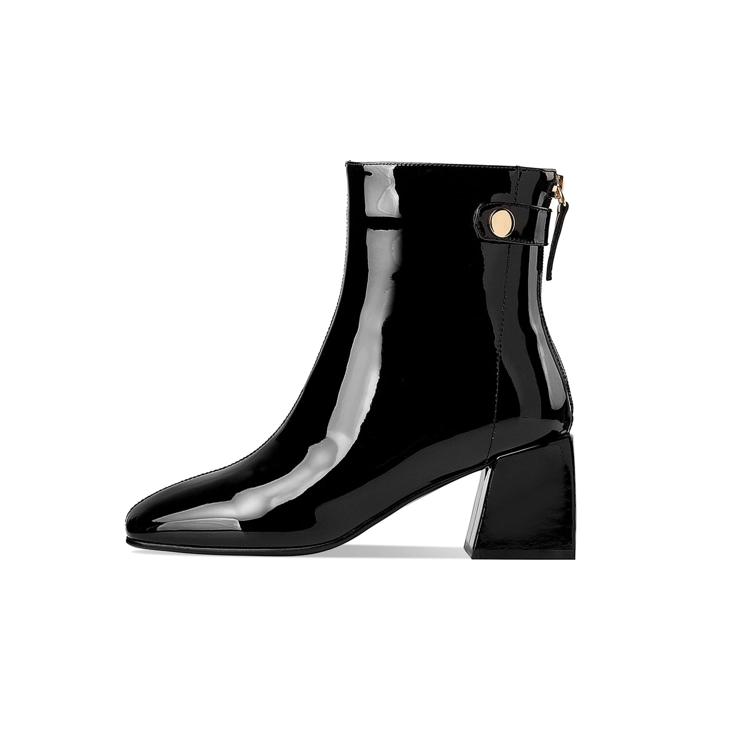 Women's Patent Leather Square Toe Handmade Mid Chunky Heels Back Zipper Trendy Ankle Boots