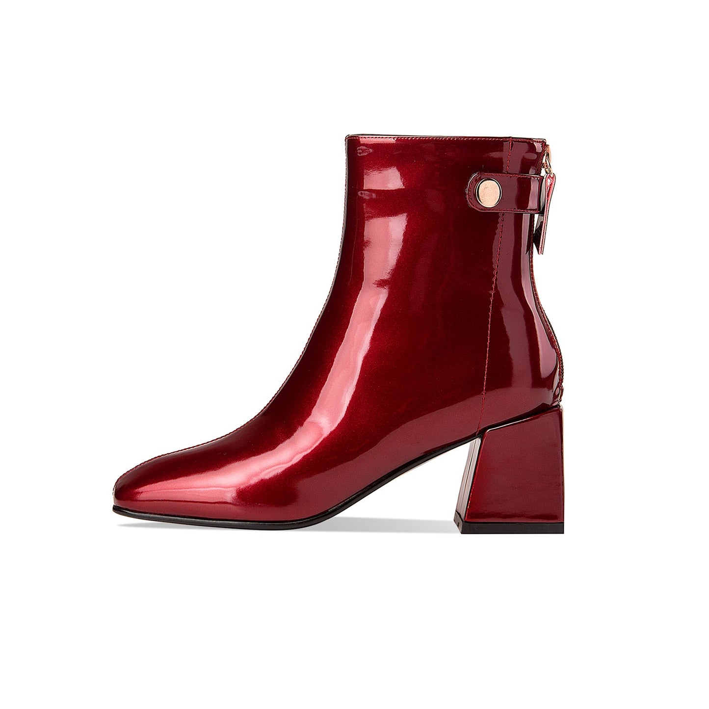 Women's Patent Leather Square Toe Handmade Mid Chunky Heels Back Zipper Trendy Ankle Boots