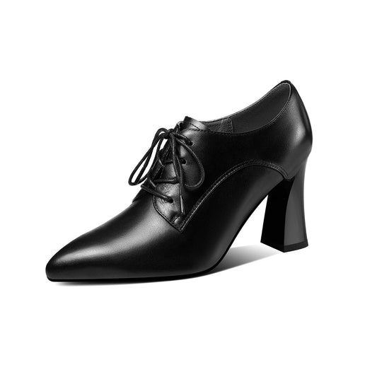 Women's Genuine Leather Handmade Pointed Toe High Chunky Heel Lace Up Stylish Oxford Pumps