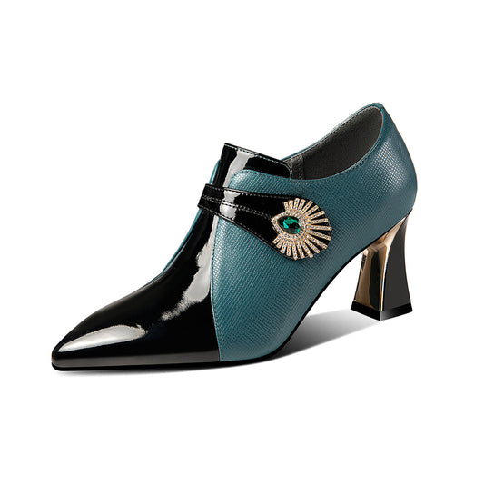 Women's Patent and Genuine Leather Handmade Pointed Toe Spool Heel Green Crystal Side Zip Oxford Pumps