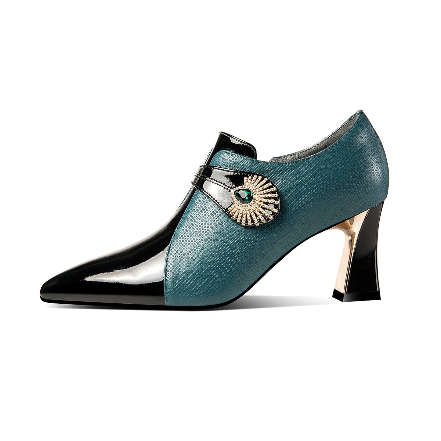 Women's Patent and Genuine Leather Handmade Pointed Toe Spool Heel Green Crystal Side Zip Oxford Pumps