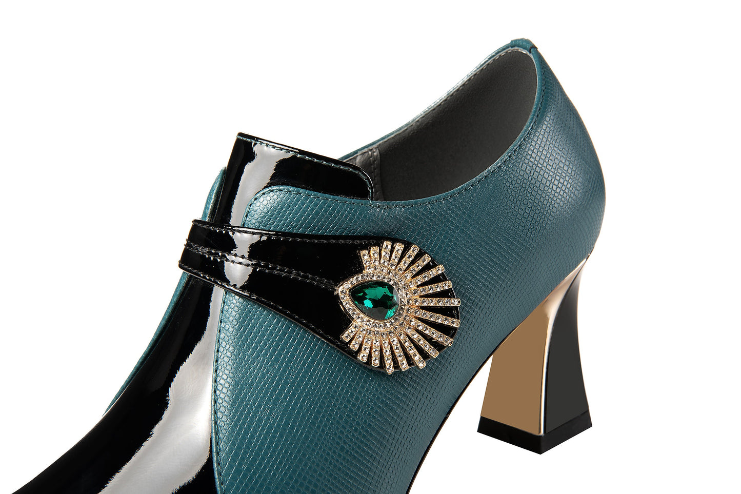 Women's Patent and Genuine Leather Handmade Pointed Toe Spool Heel Green Crystal Side Zip Oxford Pumps