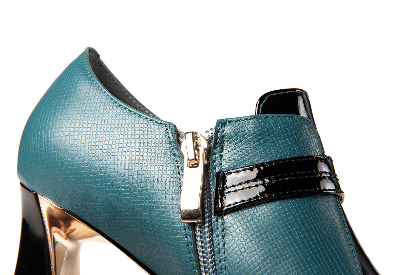 Women's Patent and Genuine Leather Handmade Pointed Toe Spool Heel Green Crystal Side Zip Oxford Pumps