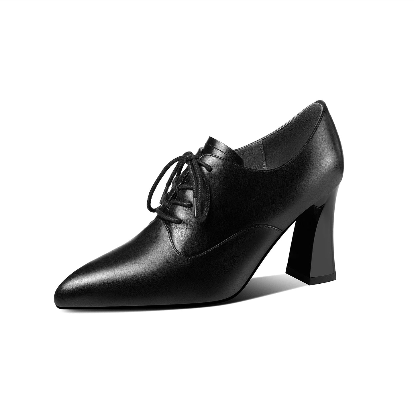 Women's Genuine Leather Handmade Pointed Toe High Chunky Heel Lace Up Stylish Oxford Pumps