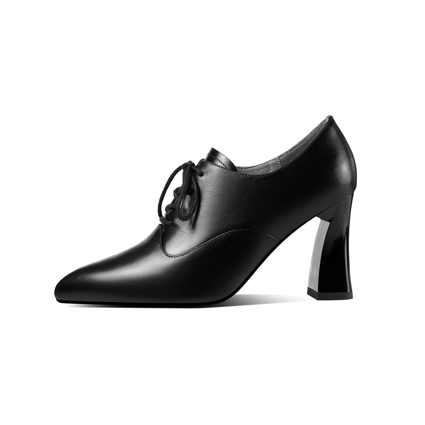 Women's Genuine Leather Handmade Pointed Toe High Chunky Heel Lace Up Stylish Oxford Pumps