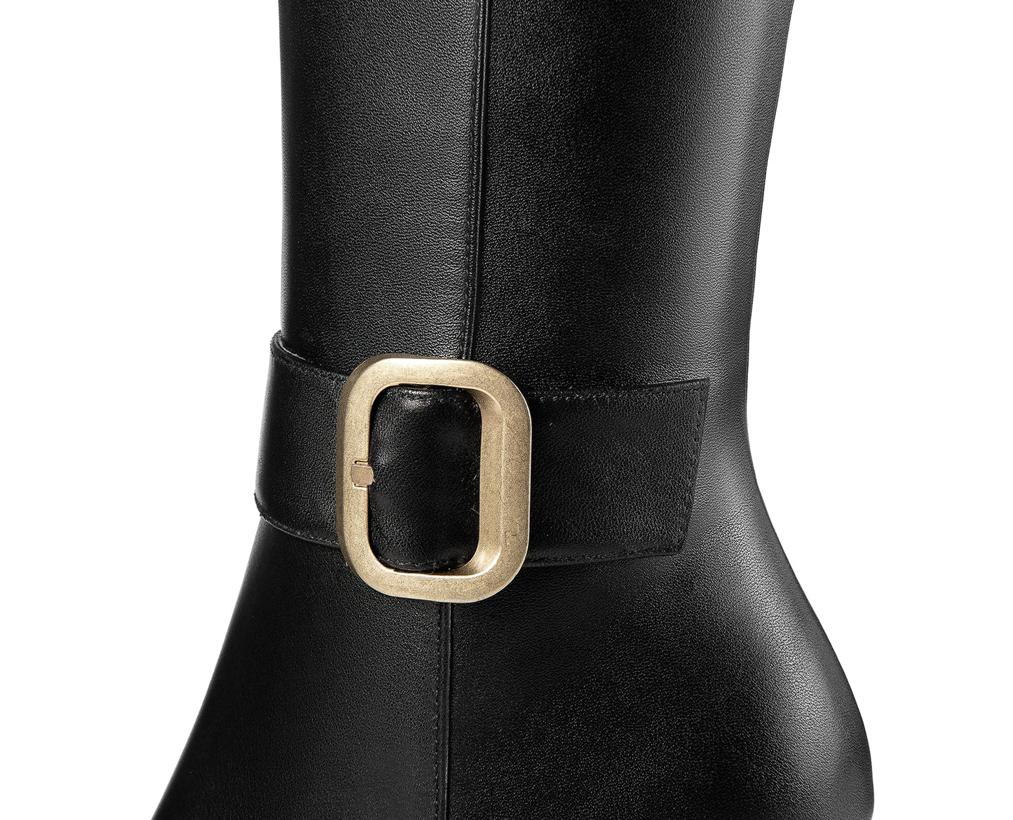 Handmade Women's Genuine Leather High Heel Side Zip Up Belt Decor Pointed Toe Black Knee-High Boots