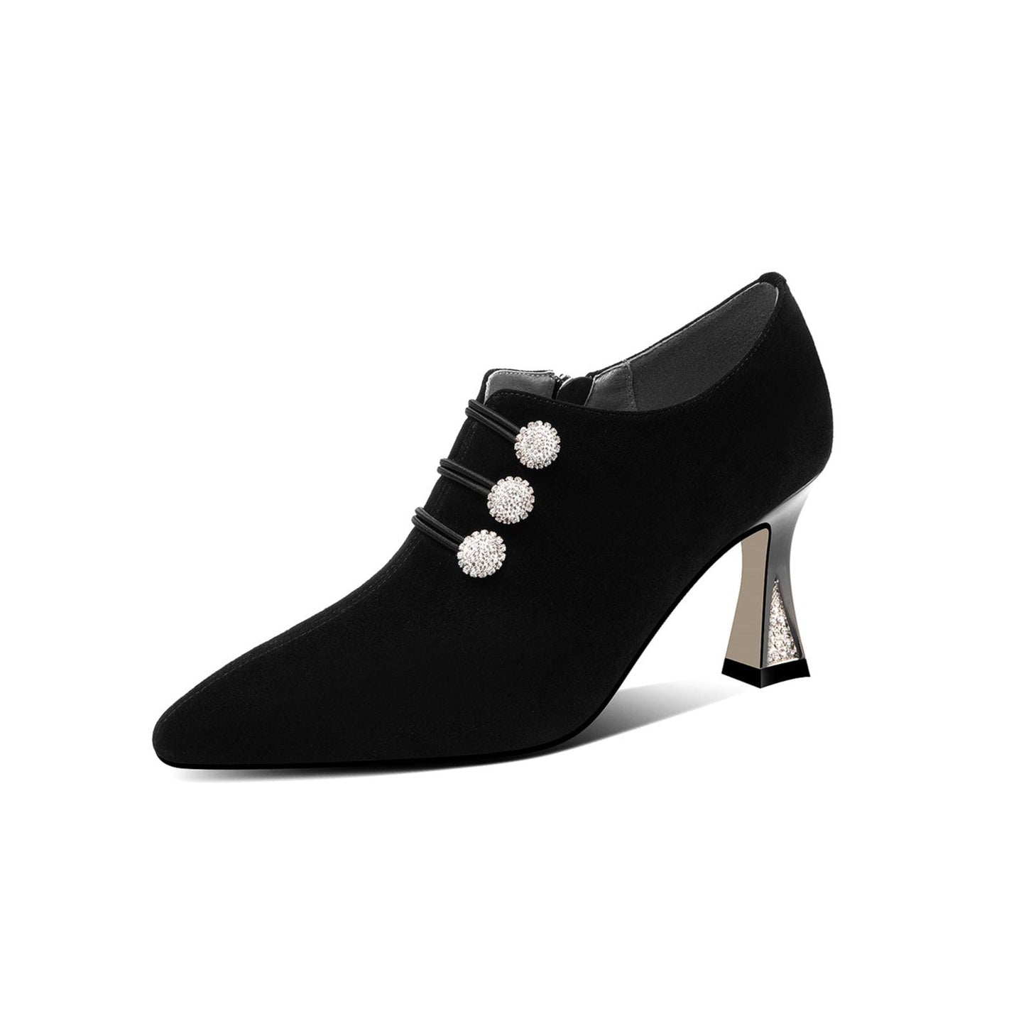 Women's Suede Leather Handmade Sexy Spool Heel Pointed Toe Side Zip Up Oxford Dress Pumps with Glitter Rhinestone