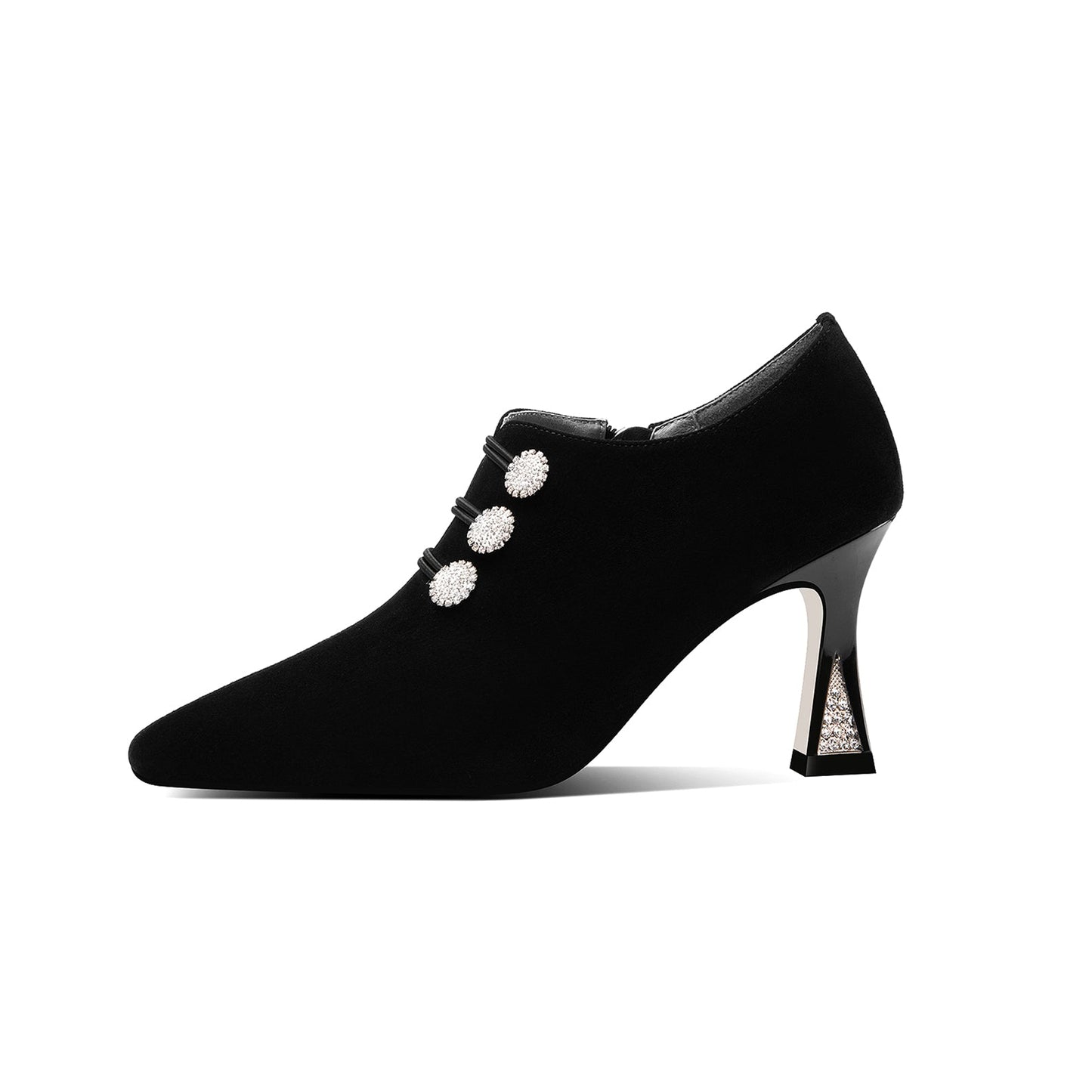 Women's Suede Leather Handmade Sexy Spool Heel Pointed Toe Side Zip Up Oxford Dress Pumps with Glitter Rhinestone