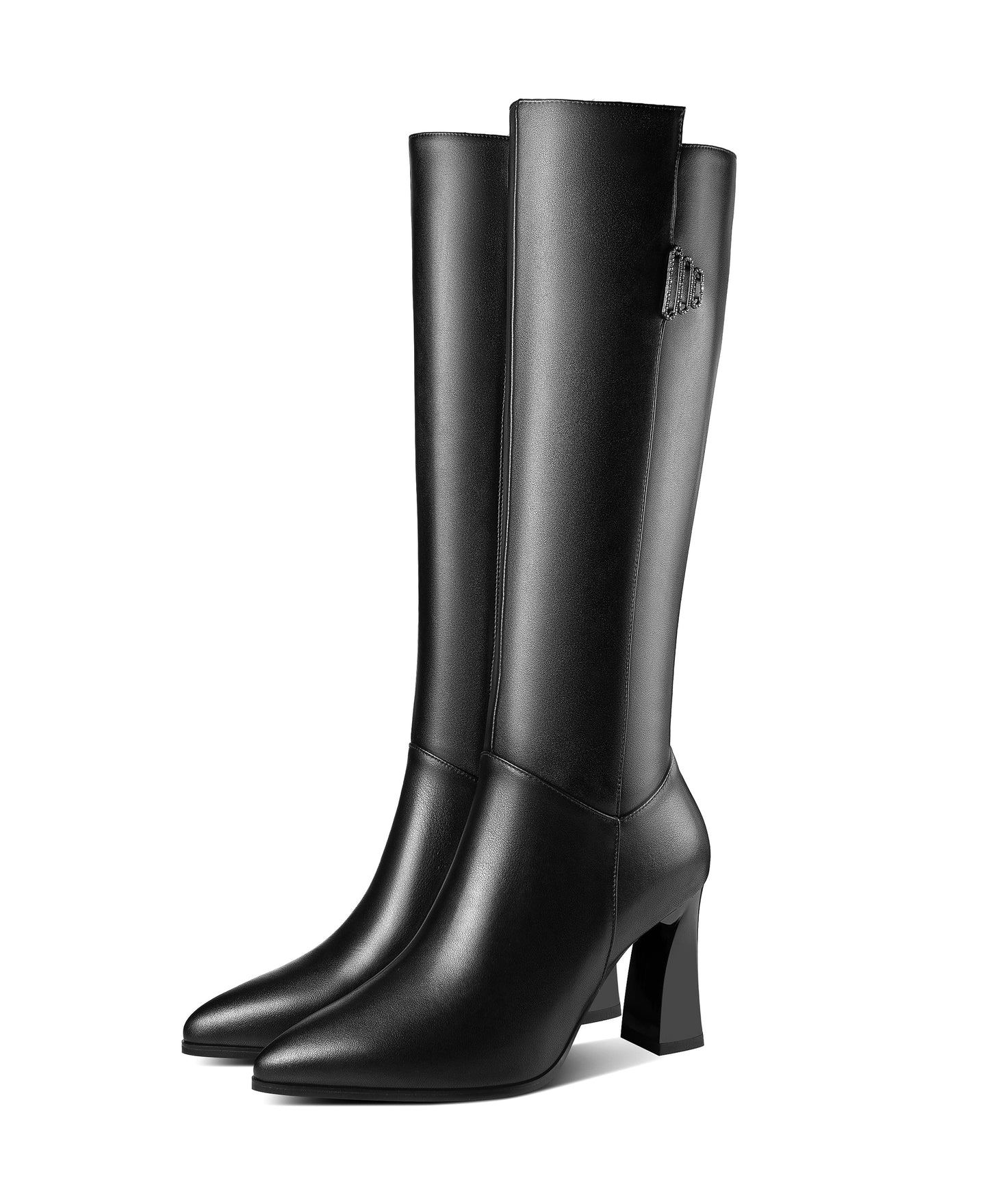 Women's Genuine Leather Handmade Pointed Toe Side Zip Up Knee High Boots with Spool Heel