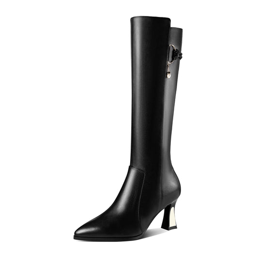 Handmade Women's Genuine Leather Side Zip Up Mid Heel Pointed Toe Stylish Knee High Boots