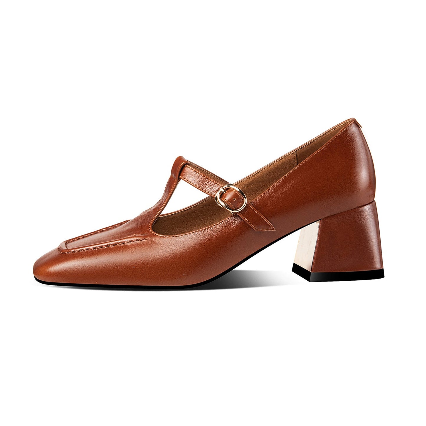 Women's Genuine Leather Square Toe Handmade Comfortable Block Heel T-Shaped Buckle Pump Shoes