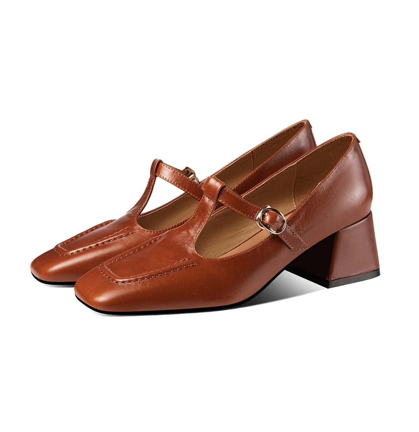 Women's Genuine Leather Square Toe Handmade Comfortable Block Heel T-Shaped Buckle Pump Shoes