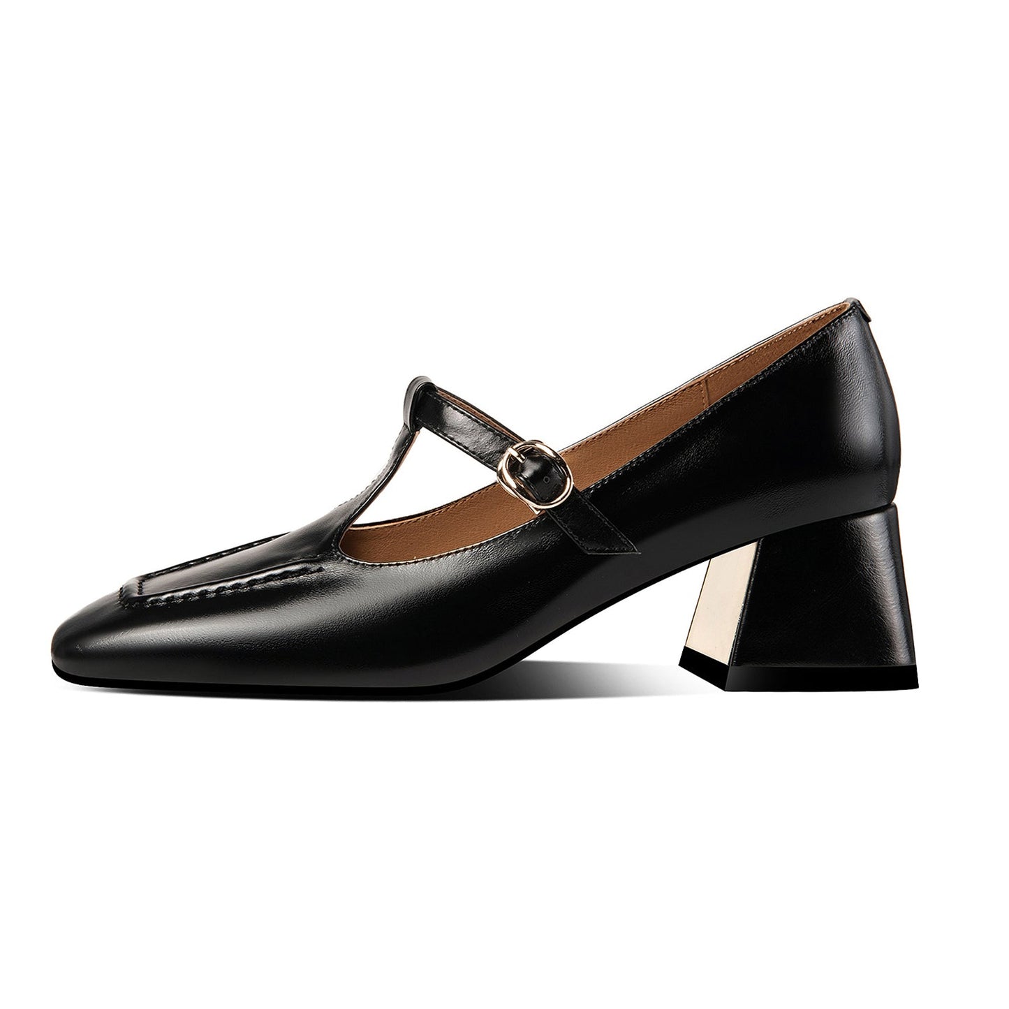 Women's Genuine Leather Square Toe Handmade Comfortable Block Heel T-Shaped Buckle Pump Shoes