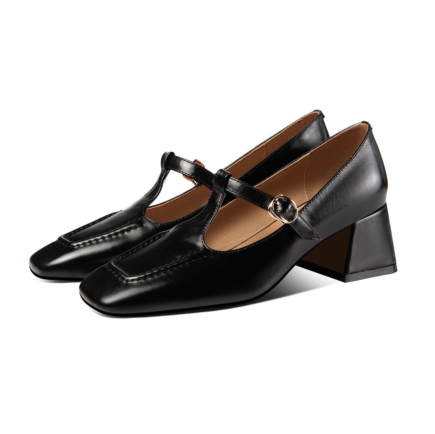 Women's Genuine Leather Square Toe Handmade Comfortable Block Heel T-Shaped Buckle Pump Shoes