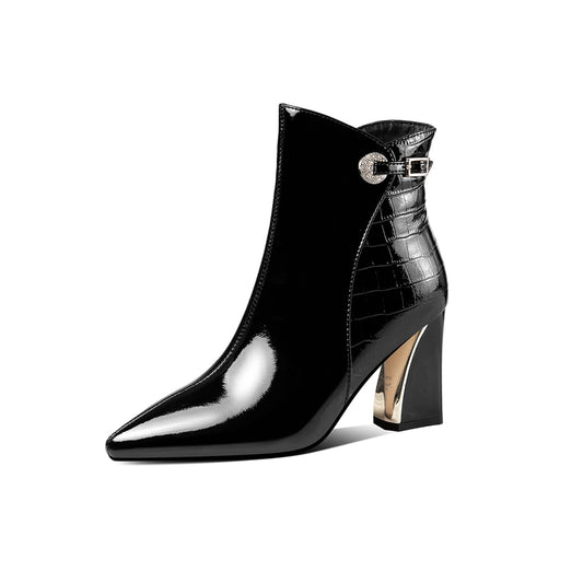 Glossy Patent Leather Women's Handmade Chunky Heel Pointed Toe Side zip Up Ankle Booties with Exquisite Buckle Decor