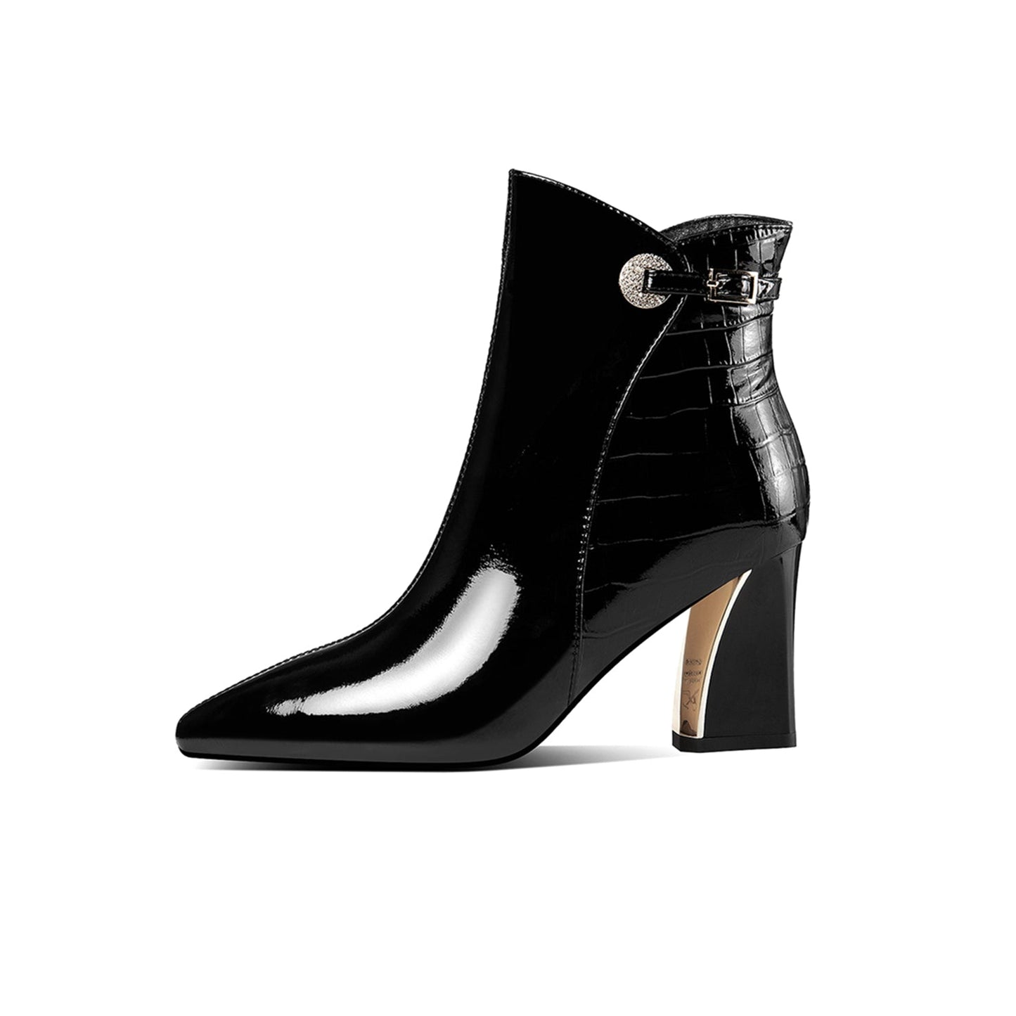 Glossy Patent Leather Women's Handmade Chunky Heel Pointed Toe Side zip Up Ankle Booties with Exquisite Buckle Decor