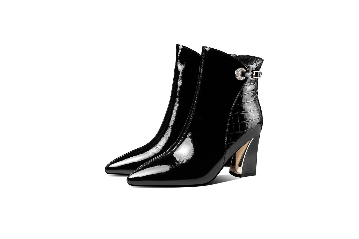 Glossy Patent Leather Women's Handmade Chunky Heel Pointed Toe Side zip Up Ankle Booties with Exquisite Buckle Decor