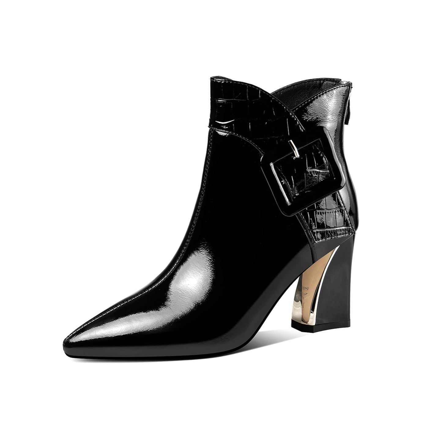 Women's Patent Leather Handmade High Heel Pointed Toe Back zip Up Modern Buckle Ankle Booties