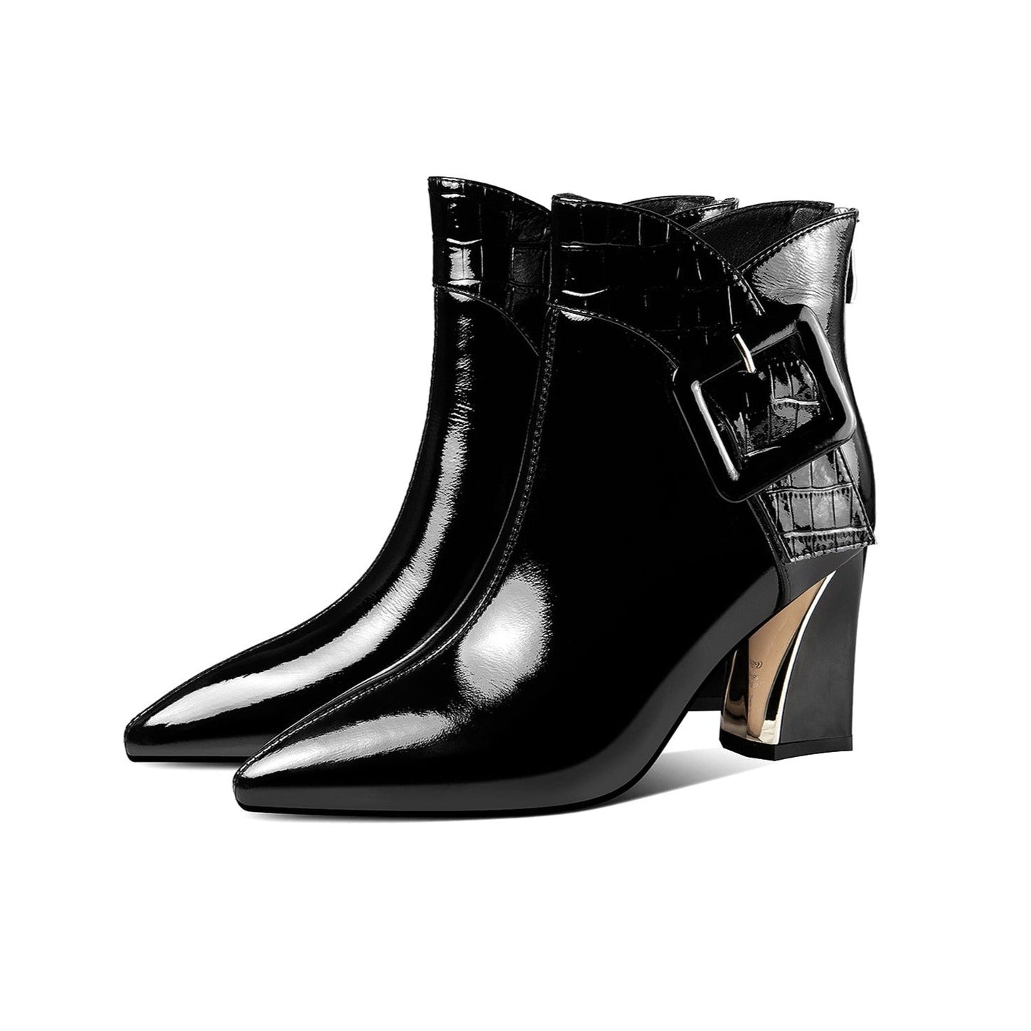 Women's Patent Leather Handmade High Heel Pointed Toe Back zip Up Modern Buckle Ankle Booties