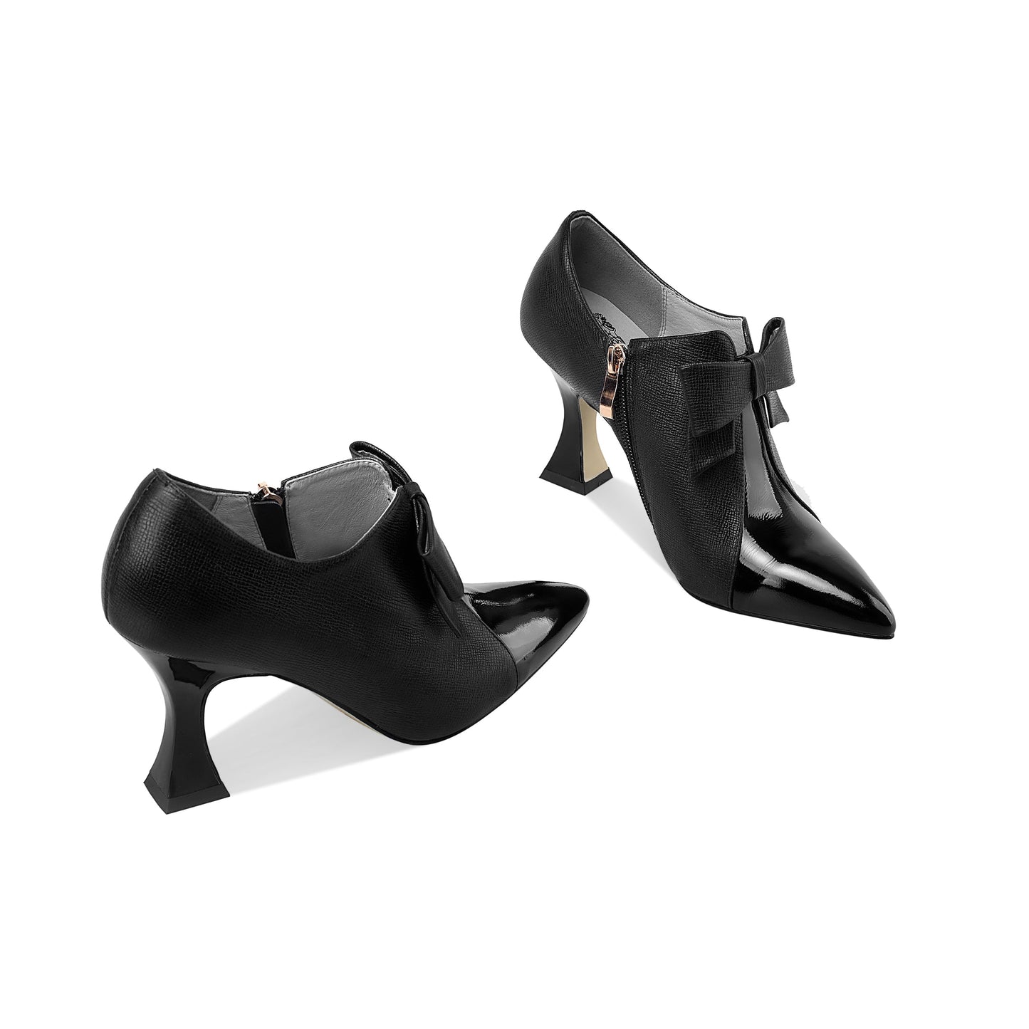 Nine Seven Women's Genuine Leather Handmade Sexy High Spool Heel Patent Pointed Toe Side Zipper Pump Shoes with Cute Bow