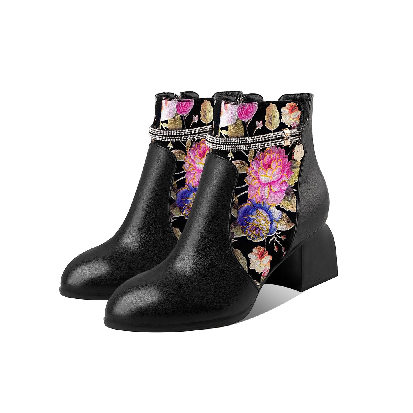 Handmade Women's Genuine Leather Ethnic Printed Floral Pointed Toe Mid Chunky Heel Side Zipper Ankle Boots Shoes