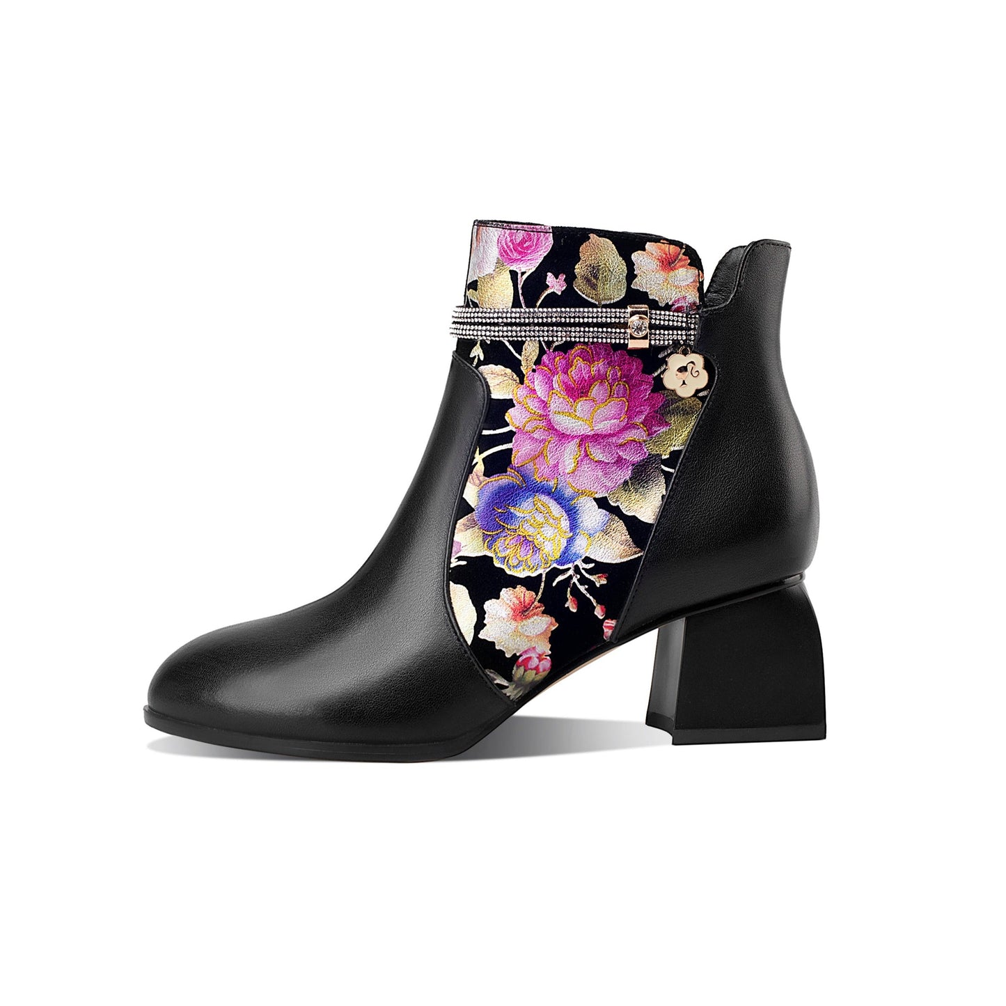 Handmade Women's Genuine Leather Ethnic Printed Floral Pointed Toe Mid Chunky Heel Side Zipper Ankle Boots Shoes