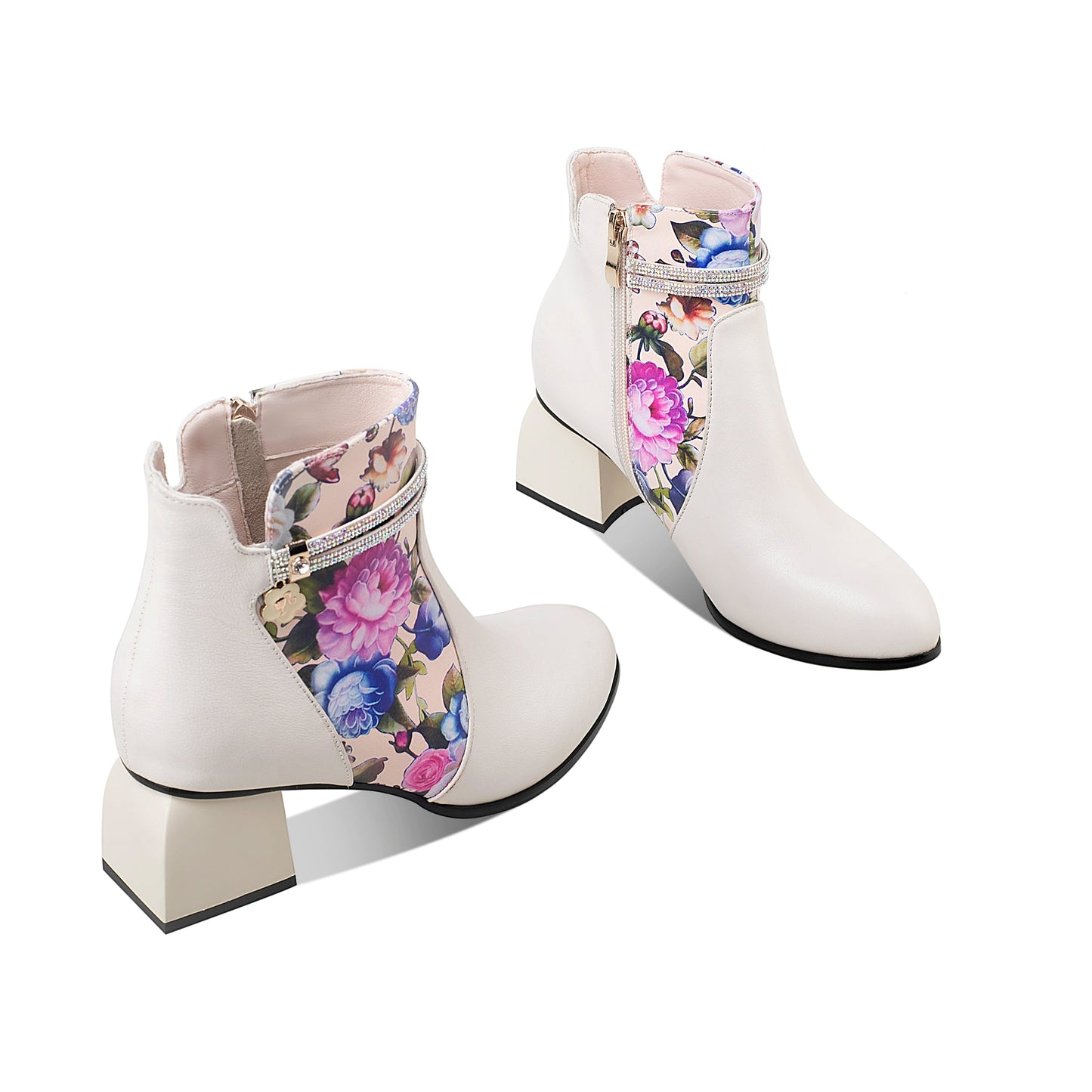 Handmade Women's Genuine Leather Ethnic Printed Floral Pointed Toe Mid Chunky Heel Side Zipper Ankle Boots Shoes