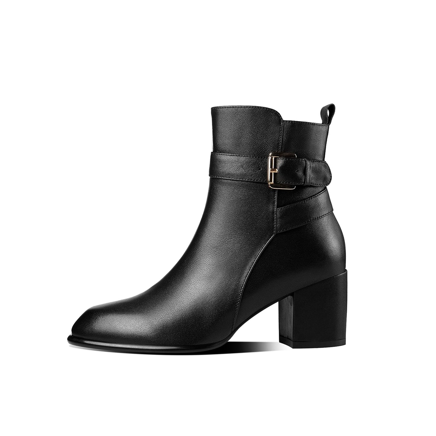 Women's Handmade Genuine Leather Chunky Heel Side Zip Up Round Toe Buckle Design Stylish Ankle Boots