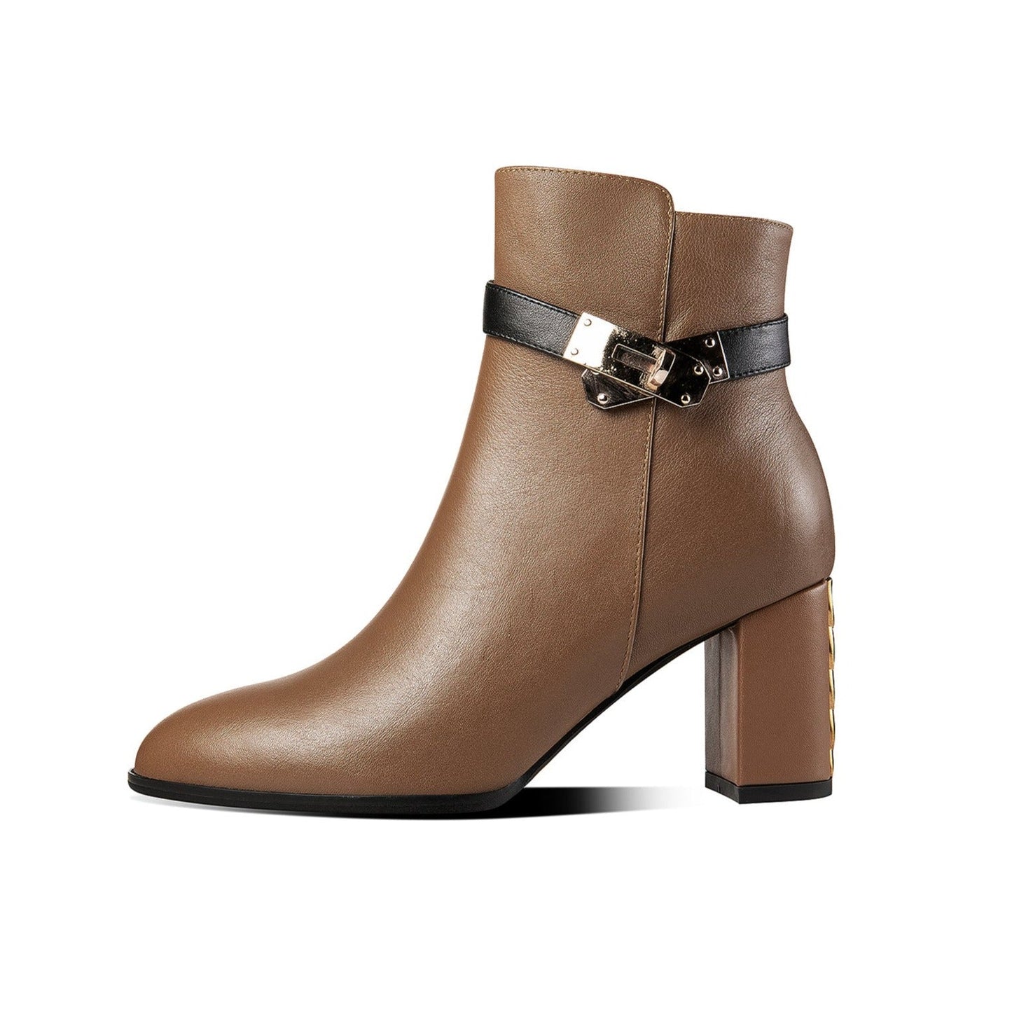 Women's Genuine Leather Handmade Stylish Chunky Heel Side Zip Up Belt Design Ankle Booties