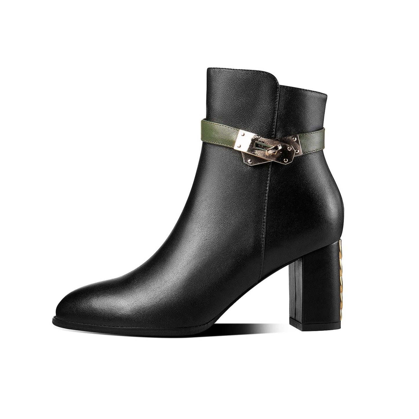 Women's Genuine Leather Handmade Stylish Chunky Heel Side Zip Up Belt Design Ankle Booties