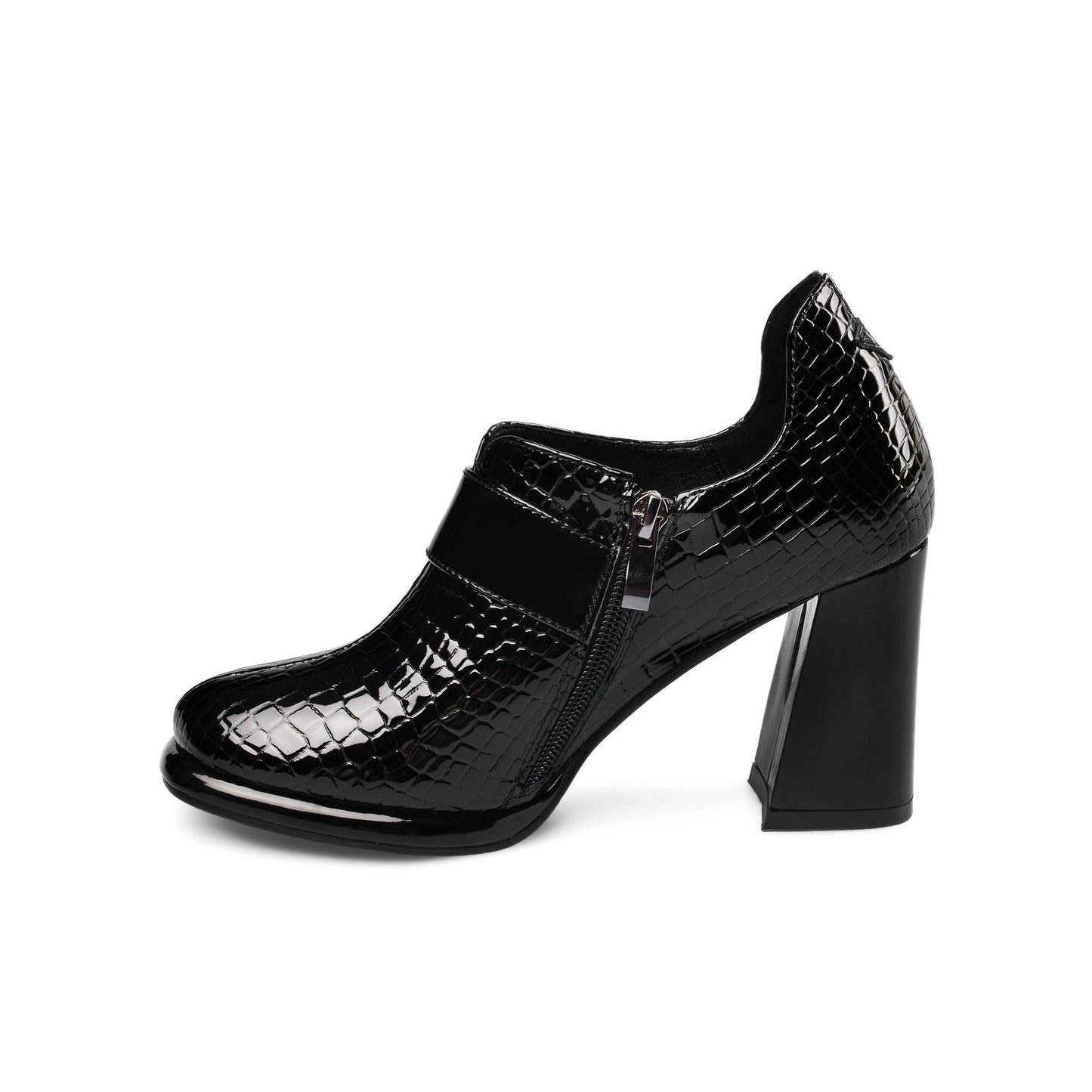 Women's Handmade Patent Leather Round Toe Zip Up High Chunky Heel Chic Pumps Shoes with Buckle