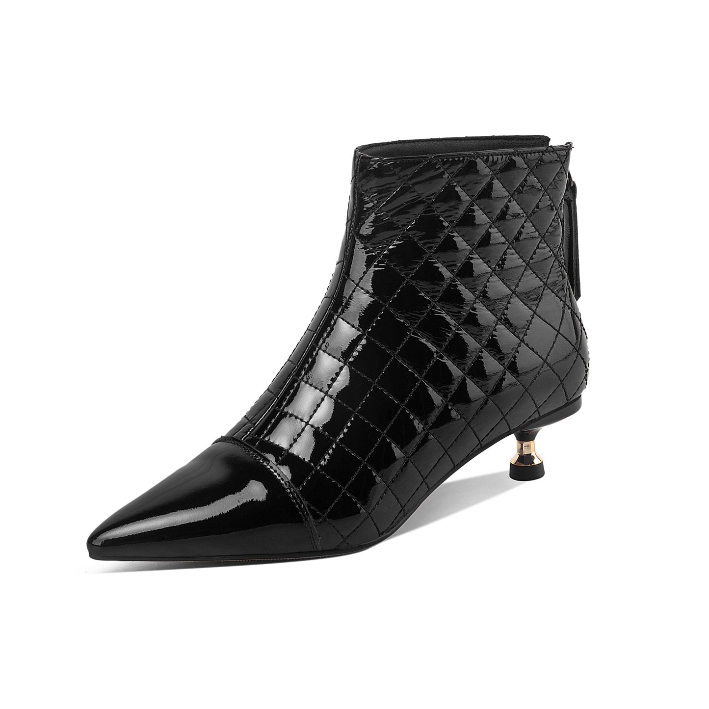 Women's Genuine Leather Pointed Toe Handmade Plaid Stylish Kitten Heel Back Zipper Bootie