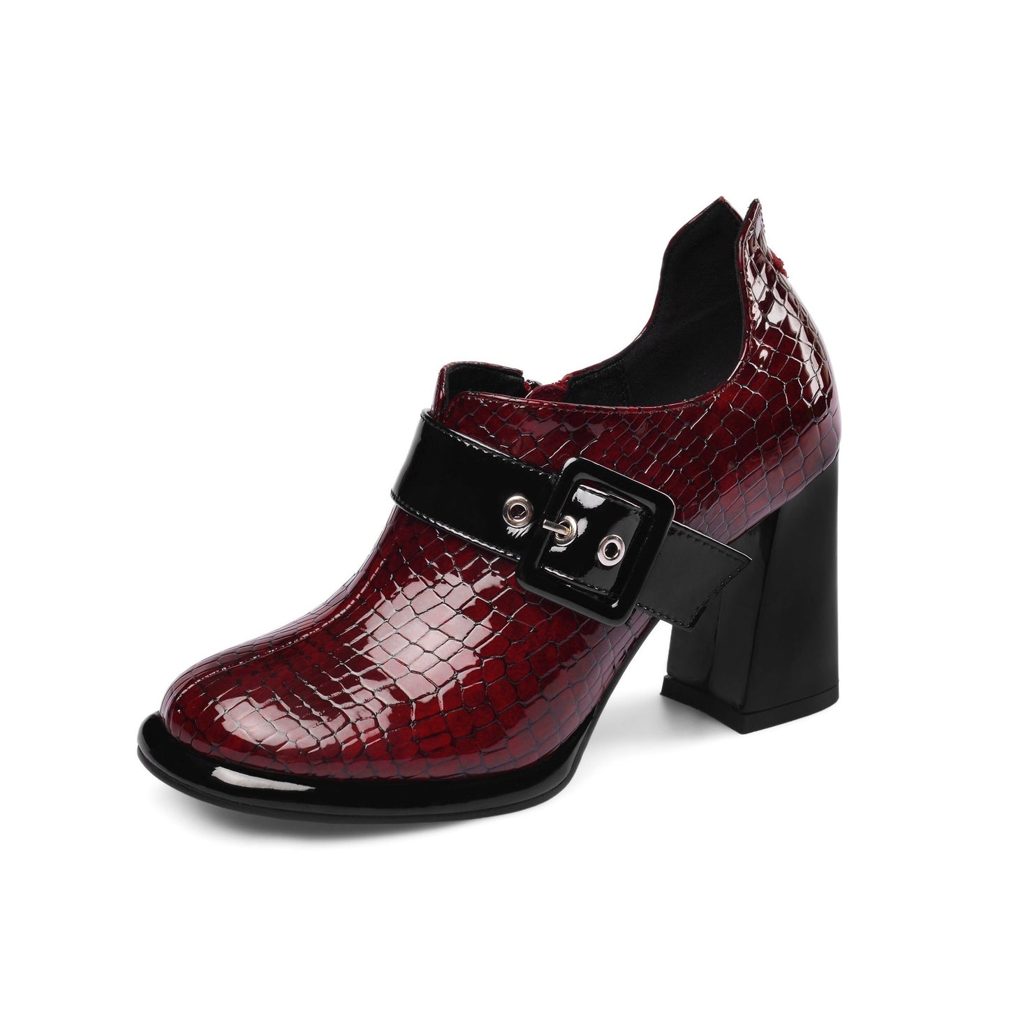 Women's Handmade Patent Leather Round Toe Zip Up High Chunky Heel Chic Pumps Shoes with Buckle