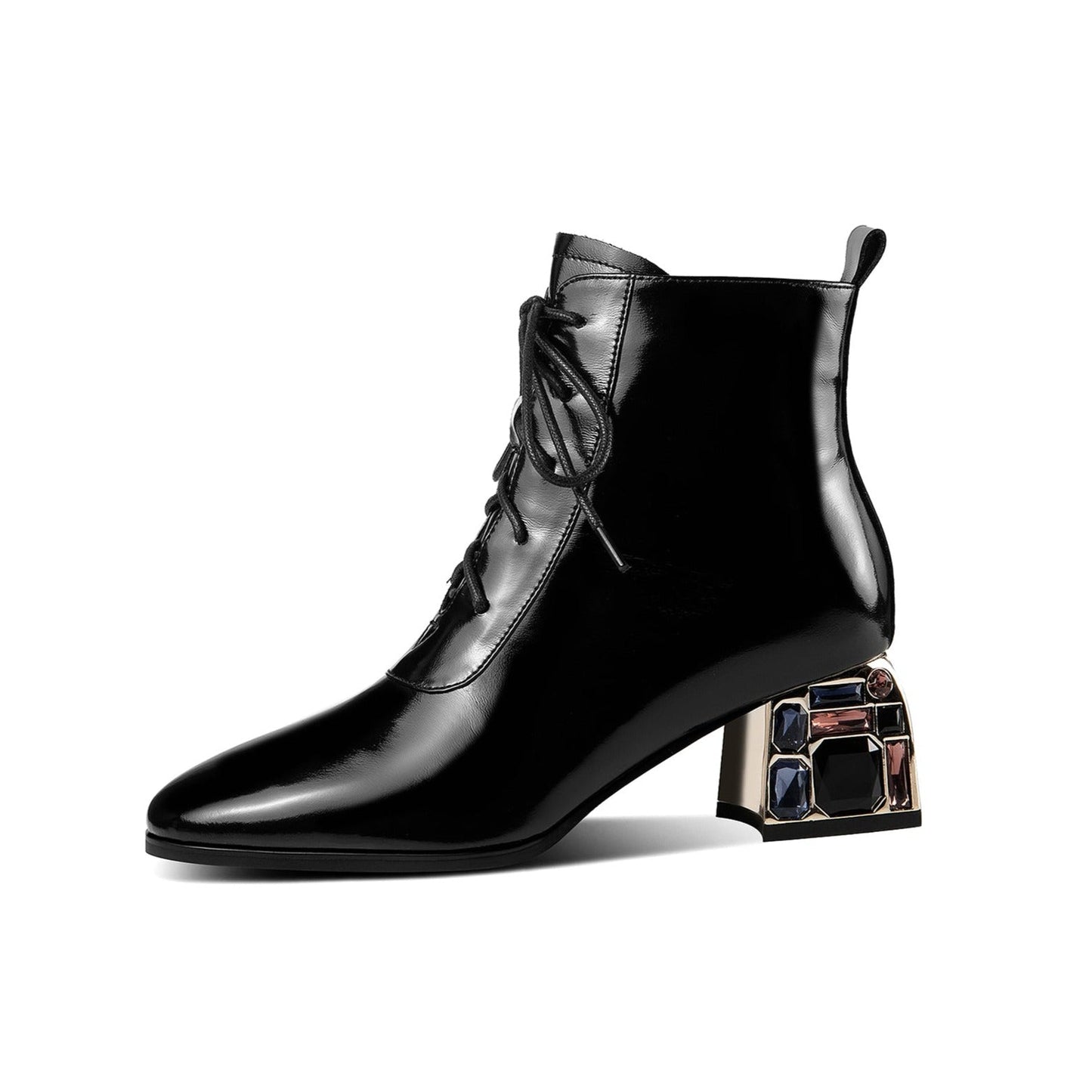 Handmade Women's Patent Leather Rhinestone Front Lace Up Round Toe Side Zipper Mid Chunky Heel Ankle Boots