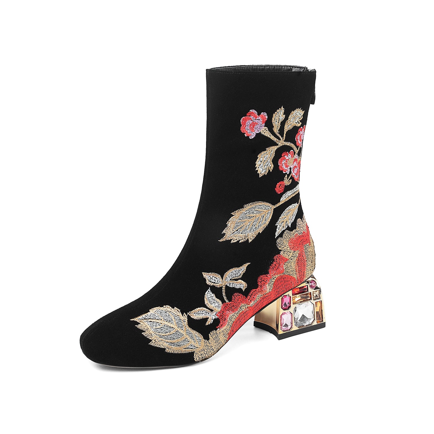 Handmade Women's Suede Leather Ethnic Floral Embroidered Round Toe Mid Chunky Rhinestone Heel Back Zipper Mid-Calf Boots