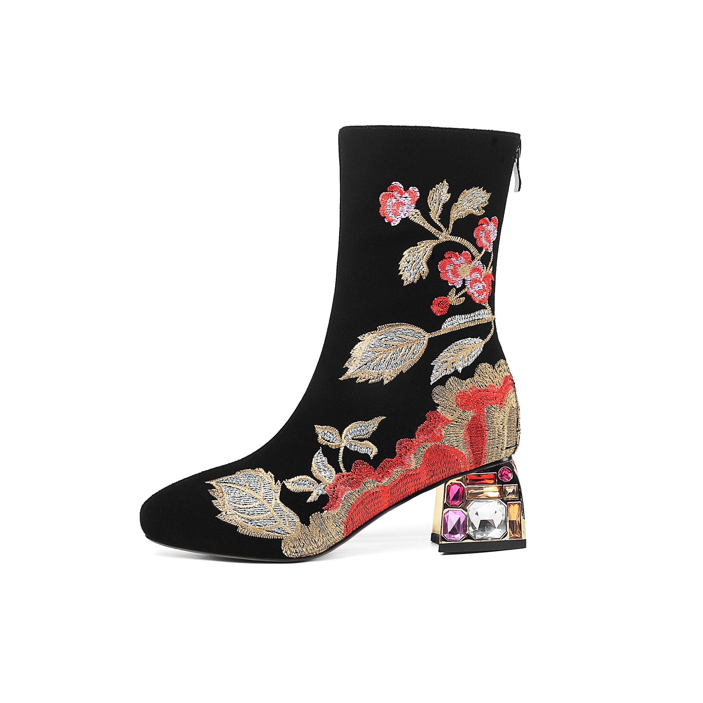 Handmade Women's Suede Leather Ethnic Floral Embroidered Round Toe Mid Chunky Rhinestone Heel Back Zipper Mid-Calf Boots