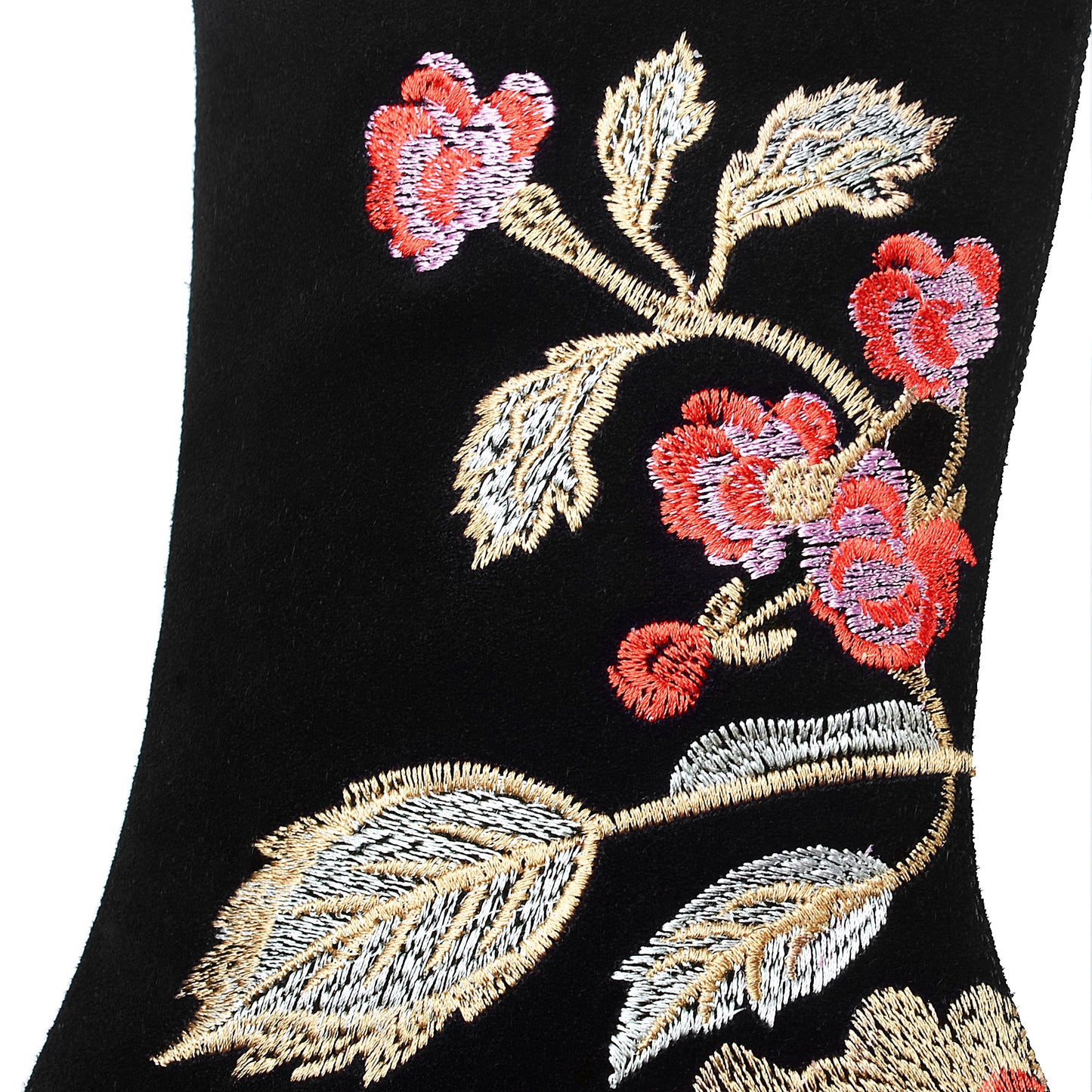 Handmade Women's Suede Leather Ethnic Floral Embroidered Round Toe Mid Chunky Rhinestone Heel Back Zipper Mid-Calf Boots