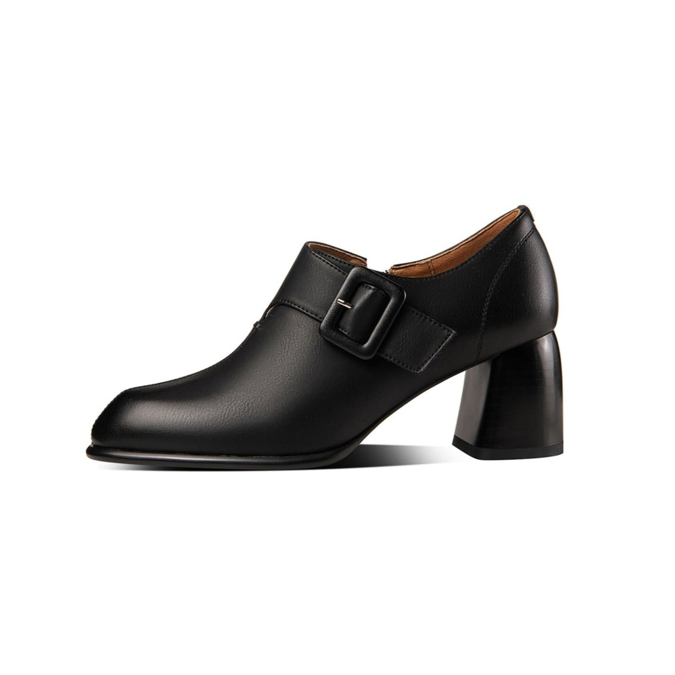 Genuine Leather Women's Handmade Block Heel Side Zip Up Oxford Pumps with Modern Buckle