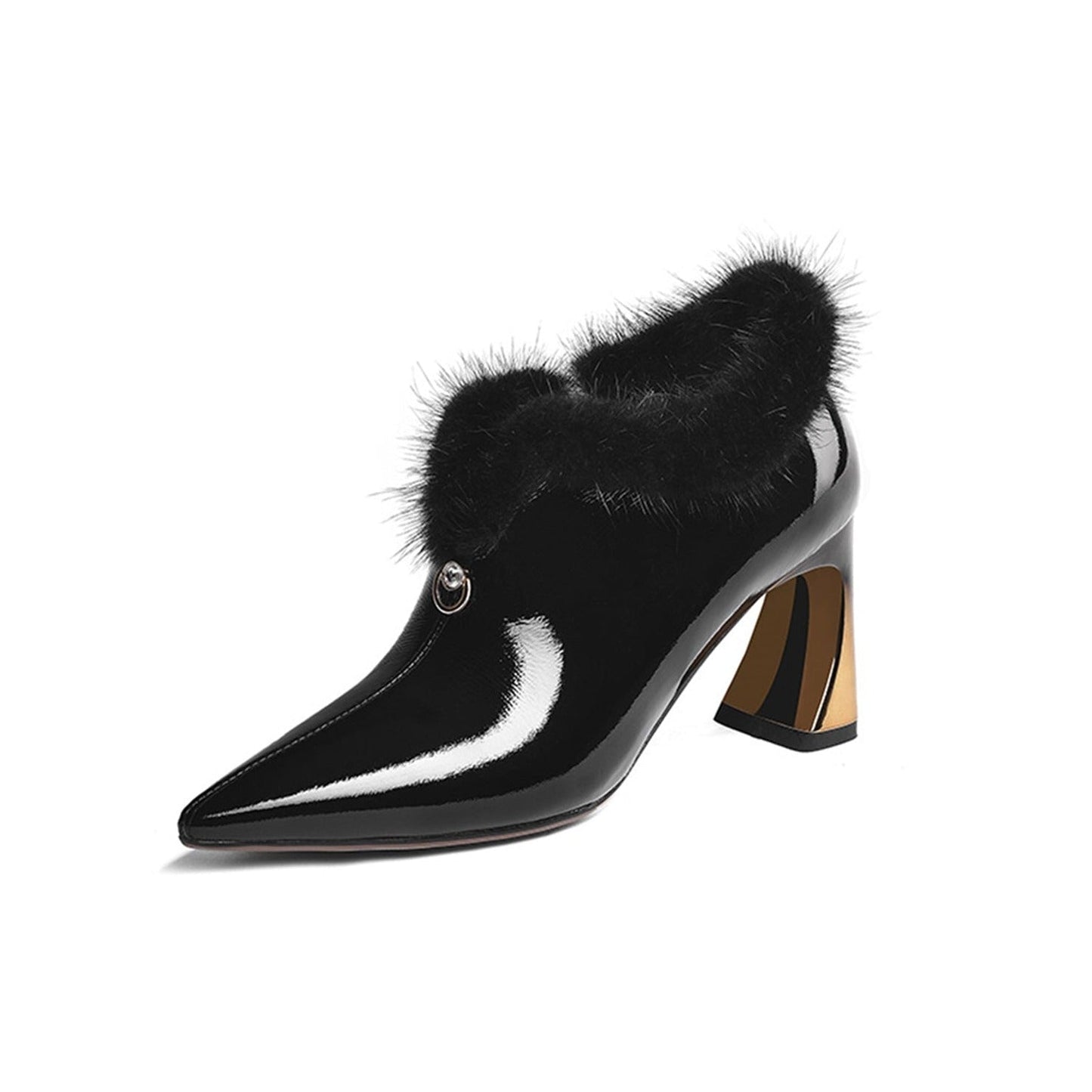 Women's Patent Leather Handmade High Spool Heel Pointed Toe Graceful Side Zip Pump Shoes with Fur