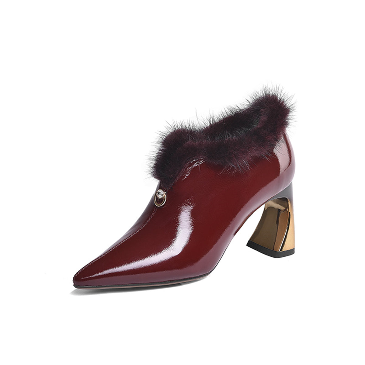 Women's Patent Leather Handmade High Spool Heel Pointed Toe Graceful Side Zip Pump Shoes with Fur