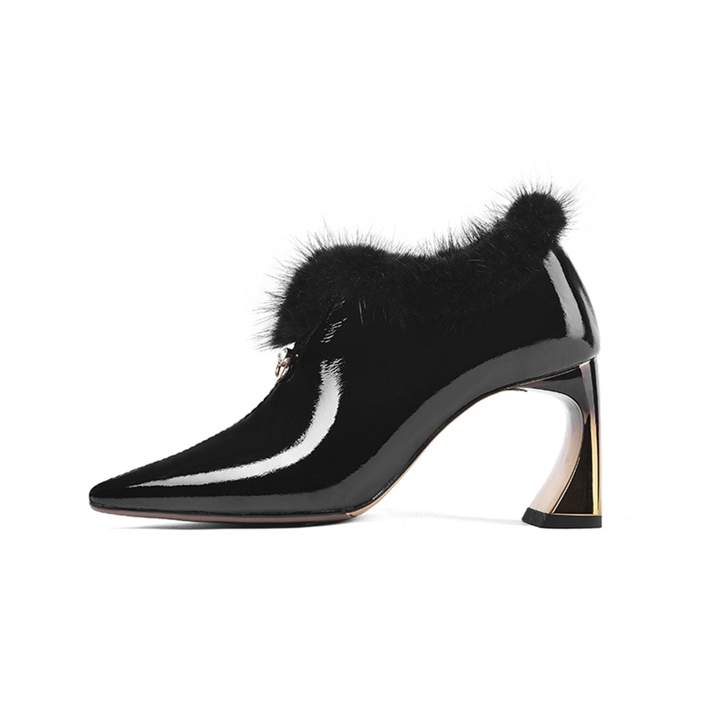 Women's Patent Leather Handmade High Spool Heel Pointed Toe Graceful Side Zip Pump Shoes with Fur