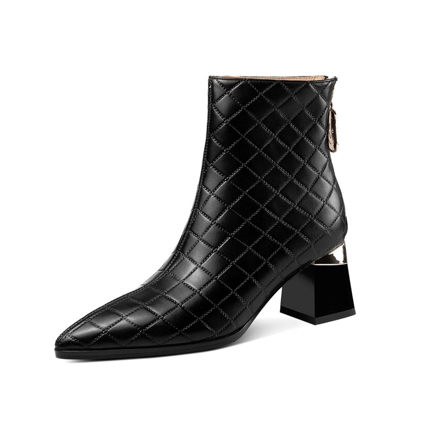 Genuine Leather Women's Handmade Pointed Toe Checkered Chunky Heel Back Zip Up Ankle Boots