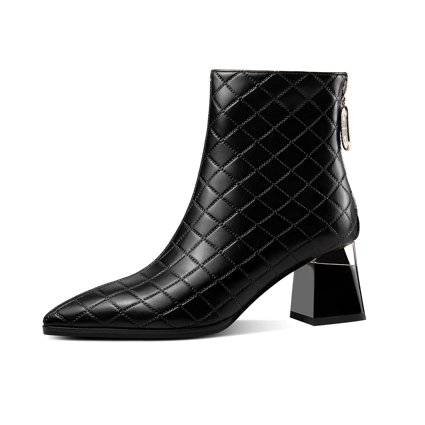 Genuine Leather Women's Handmade Pointed Toe Checkered Chunky Heel Back Zip Up Ankle Boots